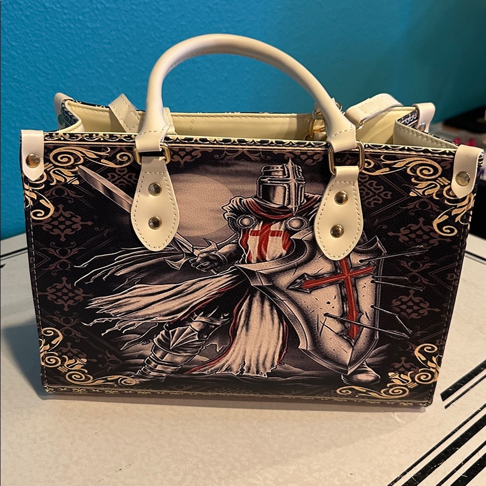 Knight Graphic Handbag with White Handles